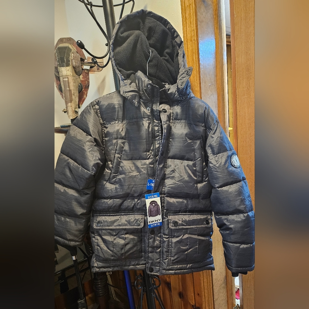 DKNY Youth Parka Snap Closure Storm Fly With YKK Zipper boys Large 14/16 grey